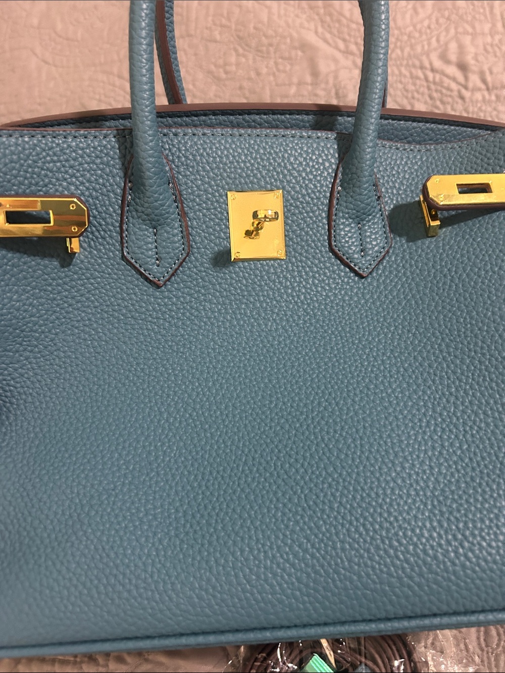 WIRKIN BAG.  Denim Blue Leather Bag with Gold Hardware - Picture 3 of 7